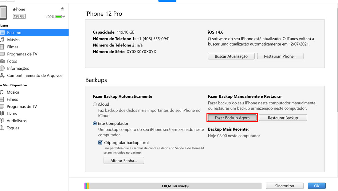 fazer backup do iPhone itunes
