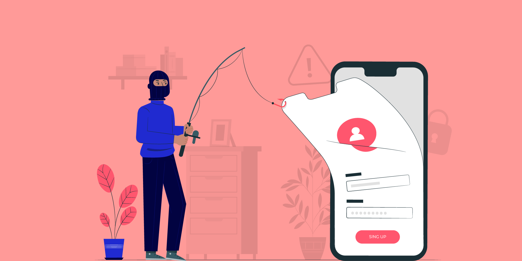 Imagem ilustrando o Phishing com um um homem "pescando" seus dados do celular