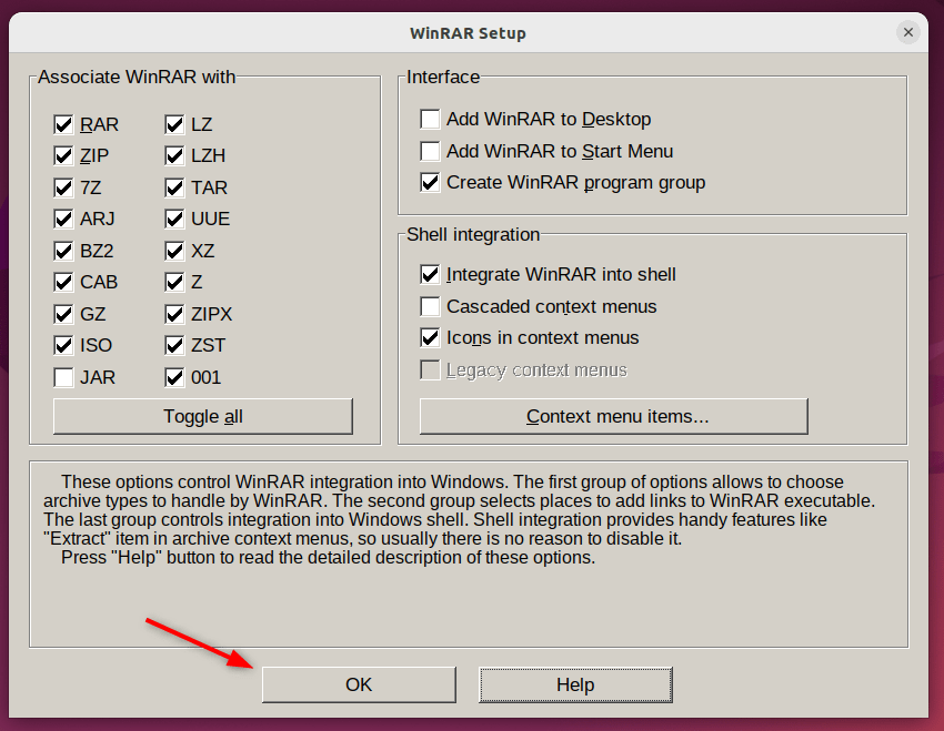 Configuração de instalação do WinRAR wine com diferentes configurações relacionadas a formatos de arquivo, interface e integração