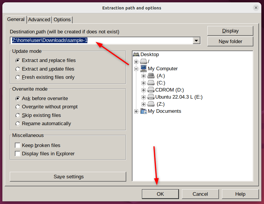 especificando o caminho de destino e o modo diferente para o arquivo rar extraído na configuração do menu de contexto.