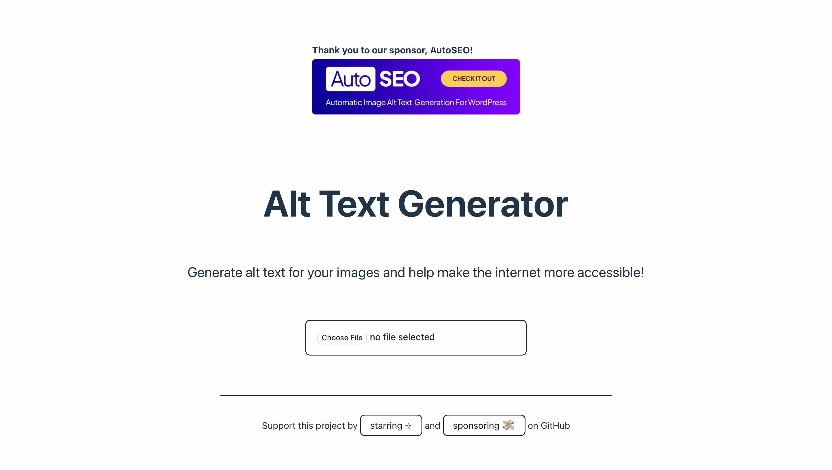 A primeira página de um formulário de upload no Alttext.in Alt Text Generator.