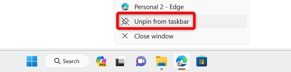 Soltando o Microsoft Edge da barra de tarefas do Windows 11.