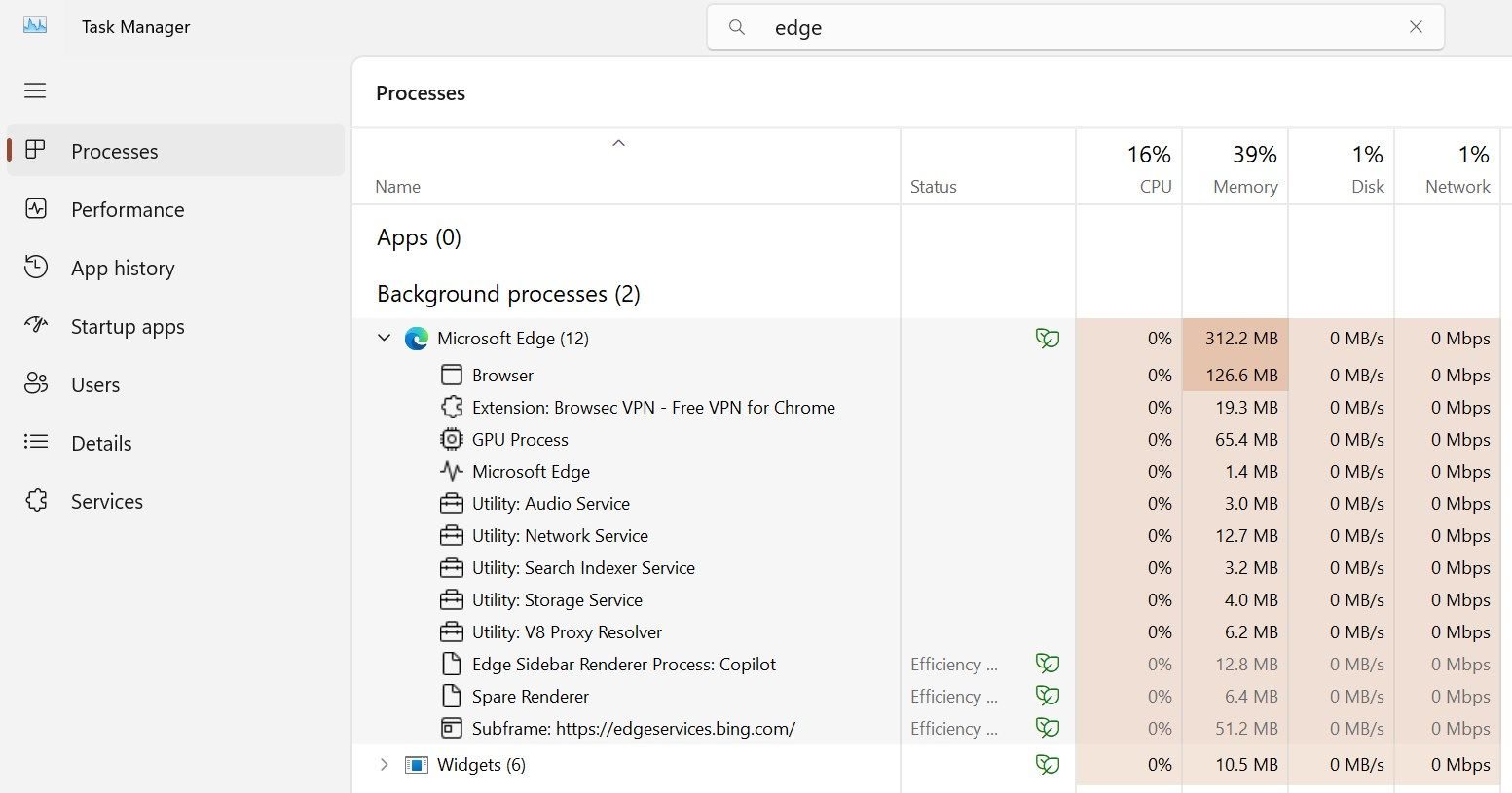 Processos em segundo plano do Microsoft Edge que consomem muitos recursos no Gerenciador de Tarefas.