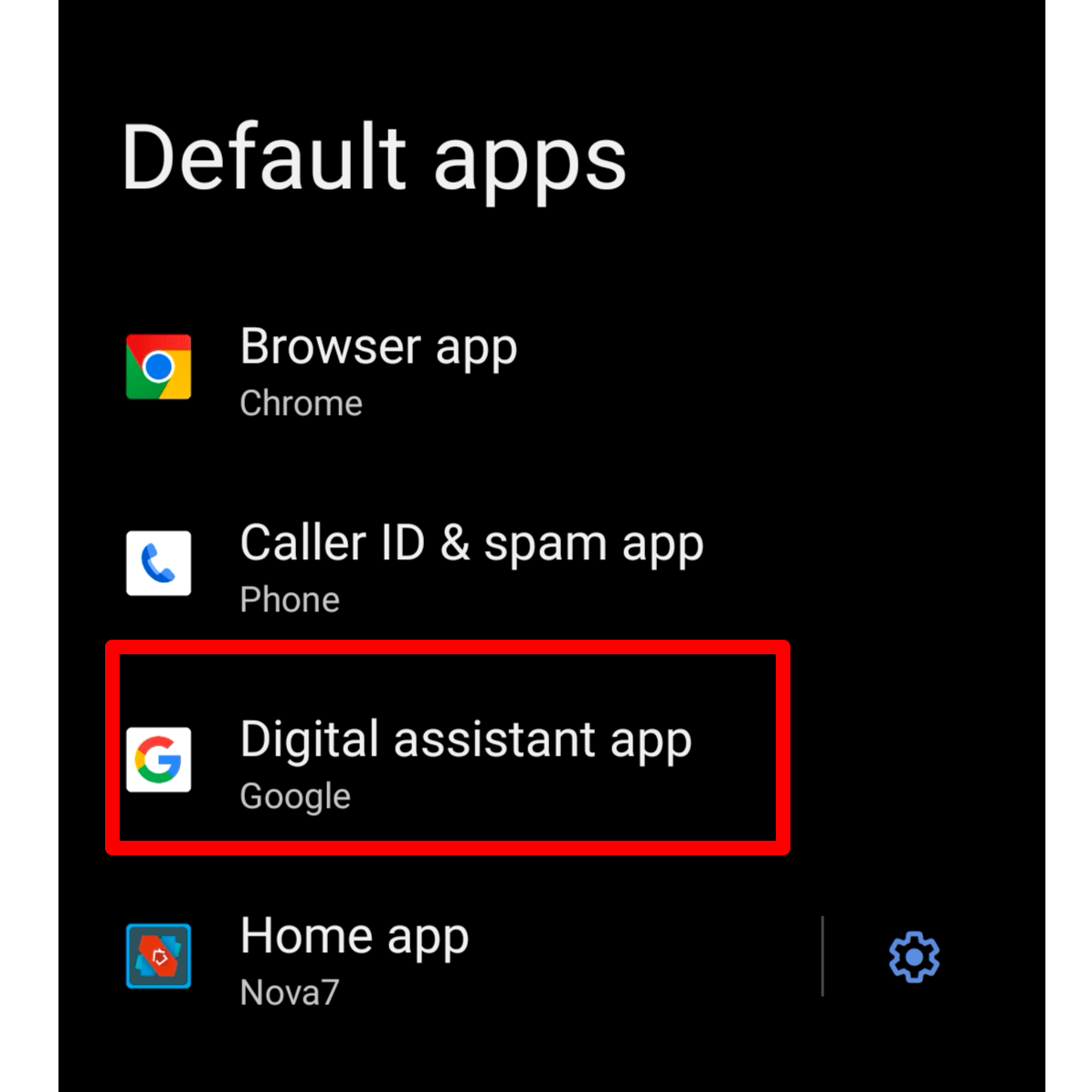 Menu de seleção de aplicativos padrão do Android. A opção do aplicativo assistente digital está em destaque. 