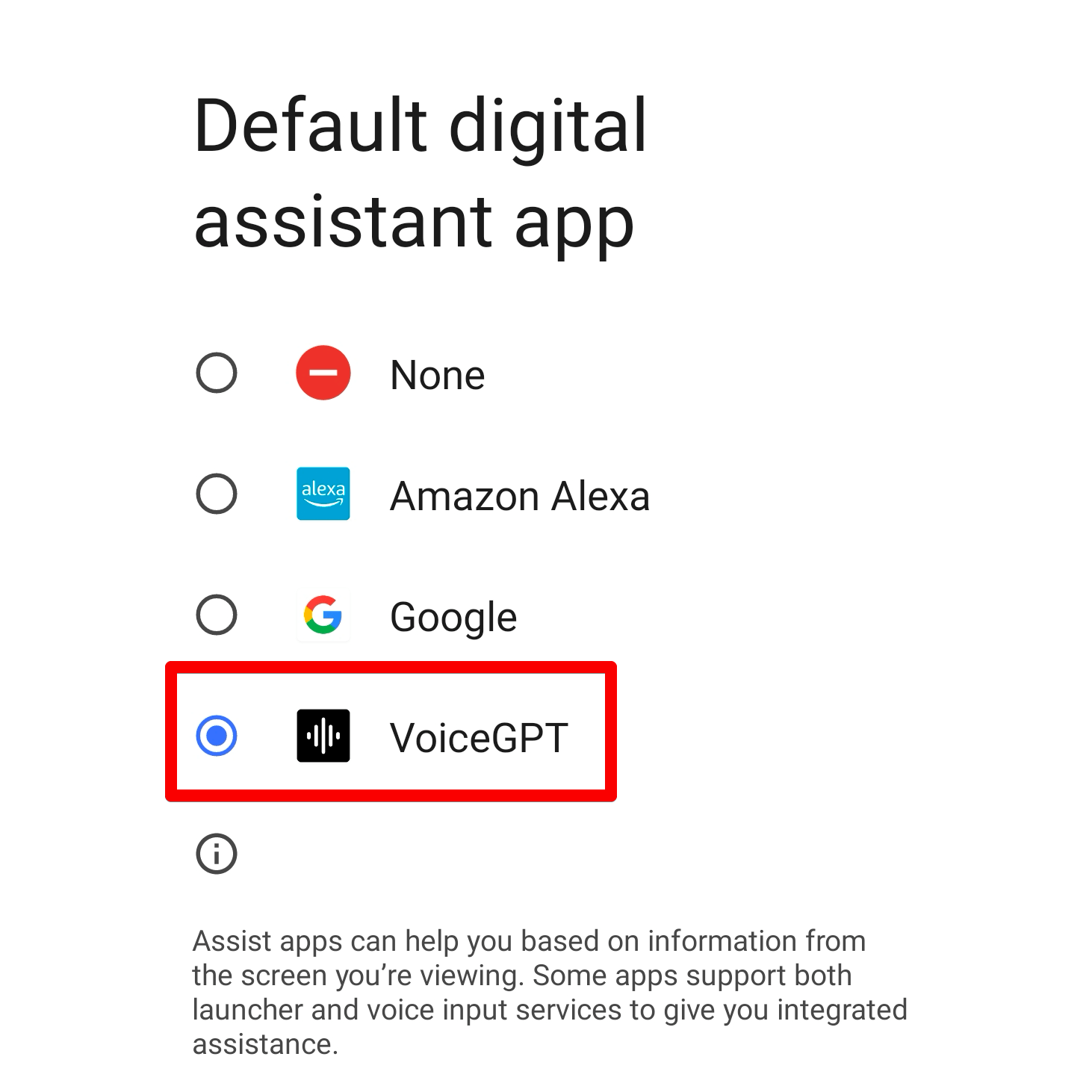 Menu de seleção de aplicativos do assistente digital padrão do Android. O aplicativo VoiceGPT está selecionado. 
