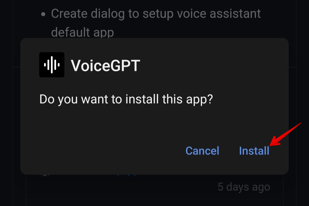 Um diálogo de instalação do APK no Android com 