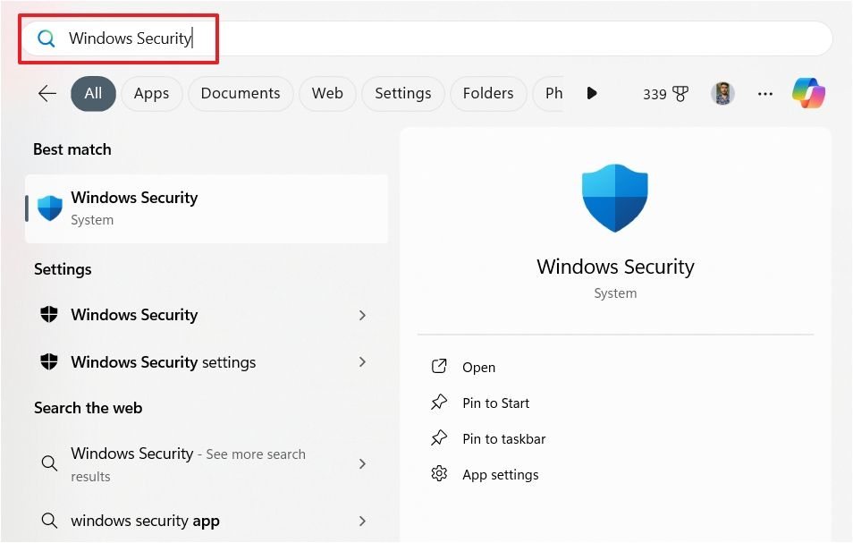 Digitando Segurança do Windows na barra de pesquisa do Menu Iniciar.