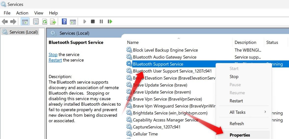 Abrindo as propriedades de um serviço de suporte Bluetooth no aplicativo Serviços.