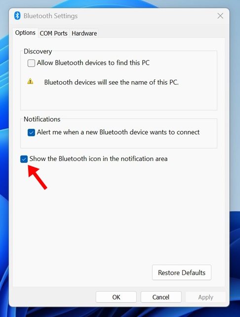 Mostrar o ícone do Bluetooth na área de notificação