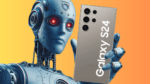 Um robo segurando o Galaxy S24 simbolizando a Inteligencia Artificial presente nele