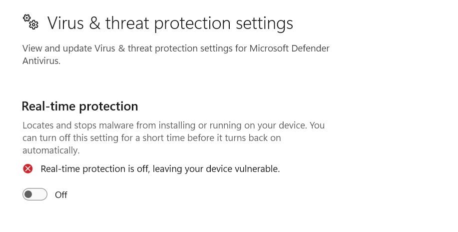 Alternância de proteção em tempo real desativada no aplicativo Segurança do Windows.