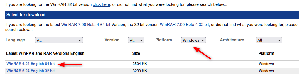 baixando a versão WinRAR de 64 bits do Windows da página oficial de download