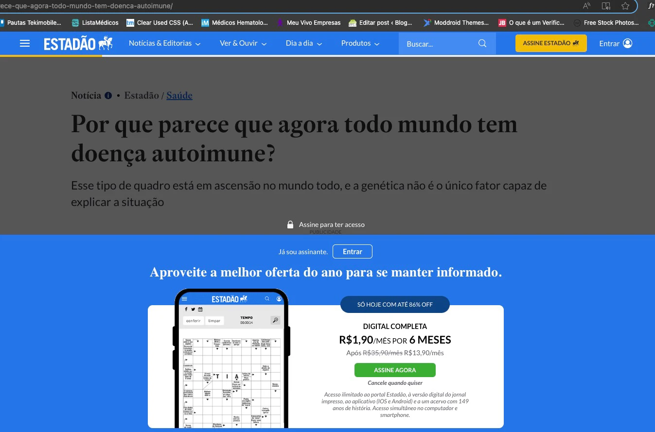 Página dio Estadão bloqueada por Paywall