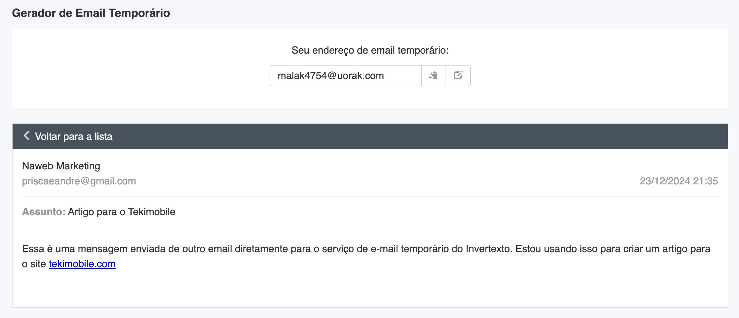 Invertexto email gerado recebido