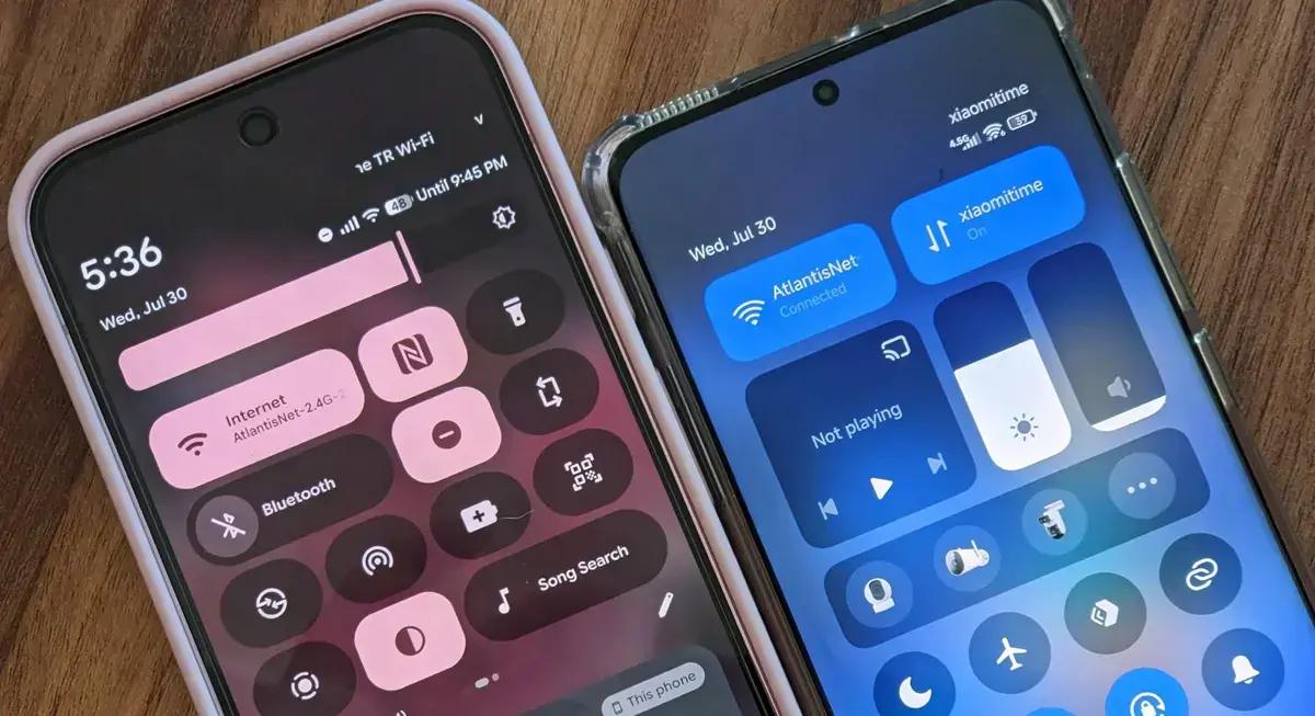 Comparativo entre HyperOS 2.3 e Android 16 na Central de Controle