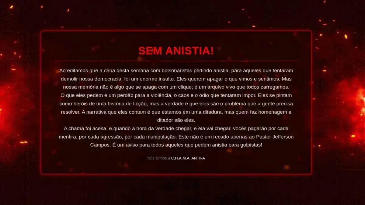 Grupo antifascista hackeia sites de deputados do PL com mensagem "Sem Anistia"