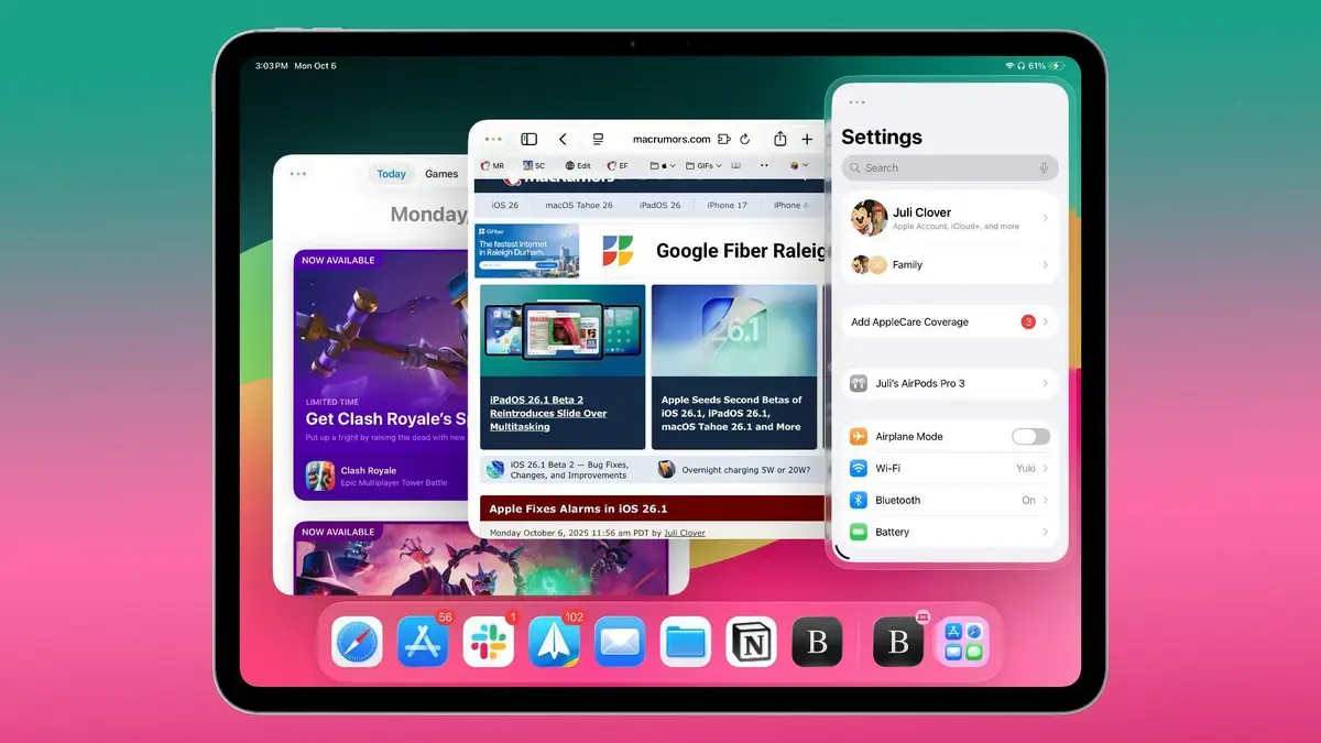 iPadOS 26.2 Beta 3 introduz nova função de multitarefa com arrastar e soltar 1 iPadOS 26.2 Beta 3 introduz nova função de multitarefa com arrastar e soltar